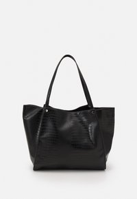 Mustat krokotiili-lookilla varustettu olkalaukku, jossa on kaksi olkahihnaa, avoin yläpää ja näkyvät saumat. Sileä pinta ja jämäkkä muoto.