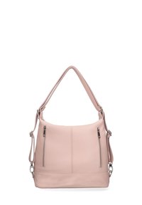 Borsa a mano in morbida pelle rosa con due tasche frontali con zip verticali, una maniglia corta e una tracolla lunghe staccabile.