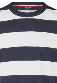 Navy and white striped t-shirt made of cotton with a crew neckline. Features a small, embroidered "HECHTER" logo on the front.