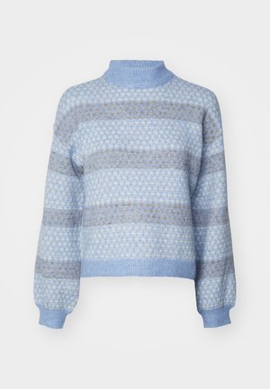 Light blue sweater with a high neckline, featuring a diamond pattern in darker shades of blue and brown, and elastic cuffs and hem.