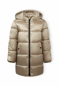 Pufferjakke i lysebrun med en slank, skinnende overflade. Har lynlåslukning foran, hætte og ribbede manchetter. To sidelommer.