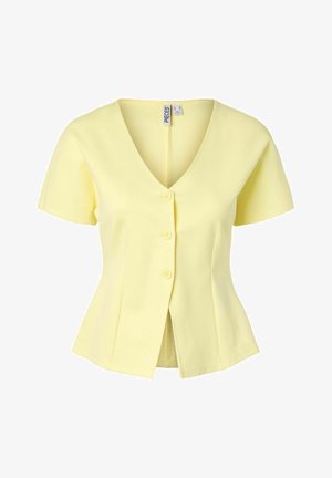 Blouse pour femme à manches courtes, jaune pâle, col en V, trois boutons sur le devant et taille légèrement évasée pour une silhouette ajustée.