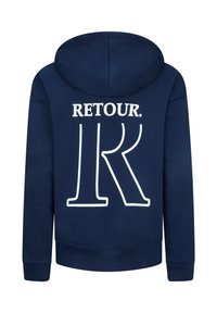 Navyblauwe hoodie met een voorzak, een capuchon met trekkoord en grote witte tekst die "RETOUR." zegt, en de letter "R" op de rug.