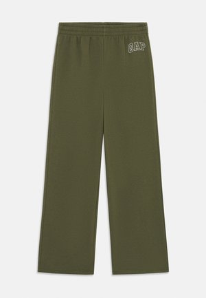 Olive green wide-leg sweatpants with elastic waistband and white GAP logo on left hip, laid flat on white background.