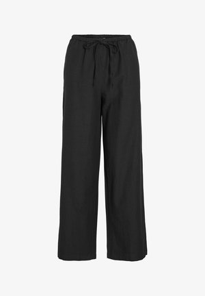 Black wide-leg trousers made of soft, lightweight fabric. Features an elastic waistband with a drawstring for adjustable fit.