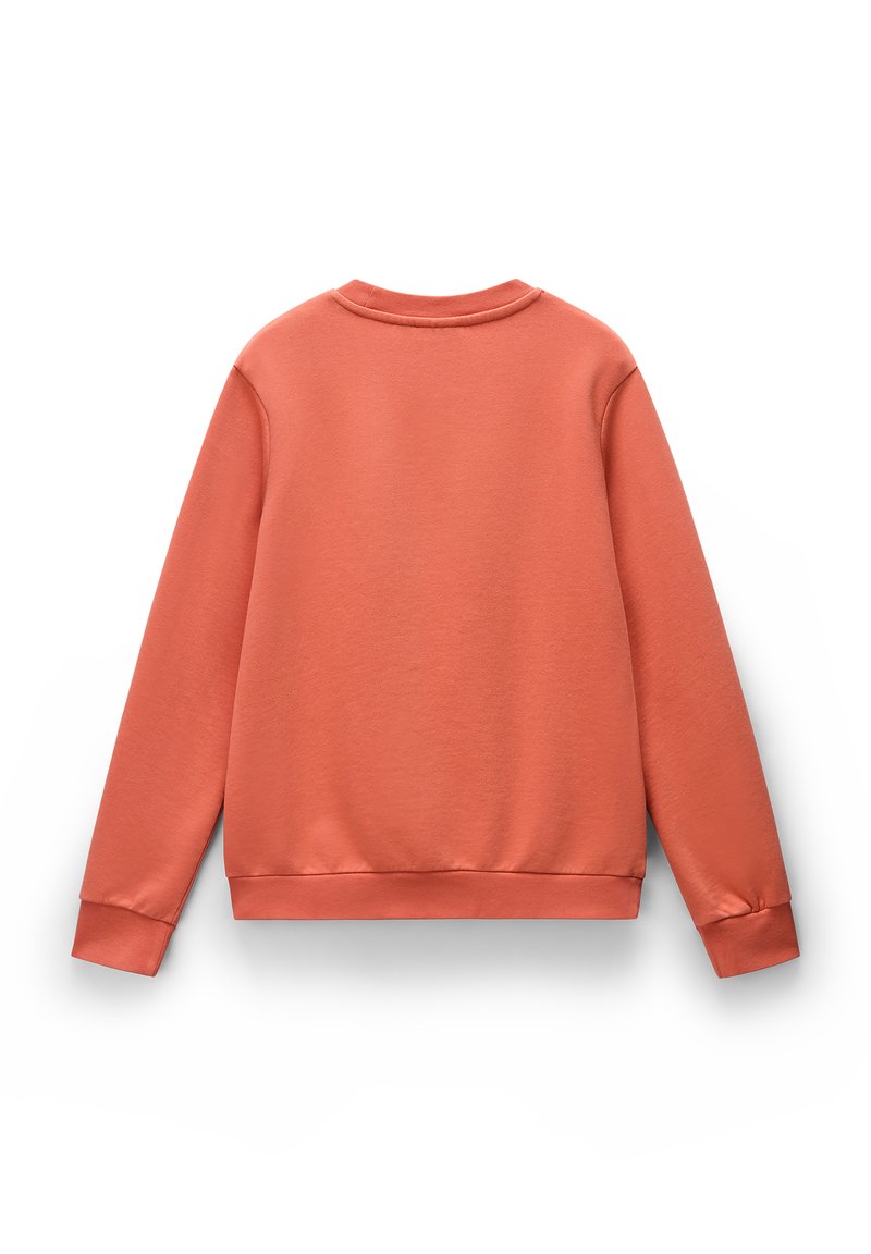 Felpa a maniche lunghe in corallo, con collo tondo, polsini e orlo a coste. Texture del tessuto liscia con un design semplice, senza motivi o dettagli.