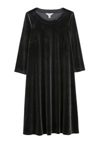 Schwarzes Samtkleid mit rundem Ausschnitt, dreiviertel Ärmeln, zwei seitlichen Taschen und einer lockeren A-Linien Silhouette. Sanfte Textur.