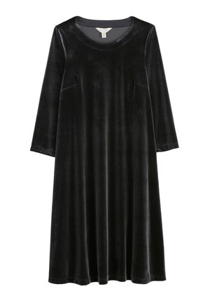 Zwart fluwelen jurkje met een ronde hals, driekwart mouwen, twee zijzakken en een losse, A-lijn silhouet. Glad textuur.