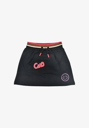 Schwarzer Rock mit gestreiftem Bund, vorderer Beuteltasche mit pinkem "Ciao"-Text und einem lila Smiley in der Nähe des Saums.