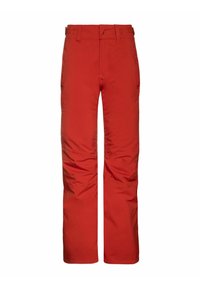 Pantalons de neige rouges avec un design droit, fabriqués en tissu durable, présentant une texture lisse et des coutures renforcées, avec une taille ajustable.