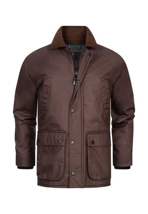 Chaqueta impermeable marrón con un collar de pana, cierre de cremallera, dos bolsillos frontales y acentos de botón negro. Forrada con un diseño de cuadros.
