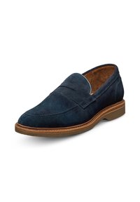 Scarpe slip-on in suede blu con punta arrotondata e dettagli di cucitura sottili. Soletta in pelle e suola in gomma marrone chiaro.