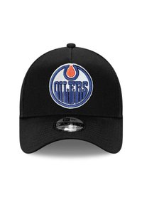 Schwarze Baseballmütze mit einem runden Edmonton Oilers-Logo in Blau und Orange, mit einer strukturierten Krone und gebogenem Schirm. 9FORTY verstellbare Passform.
