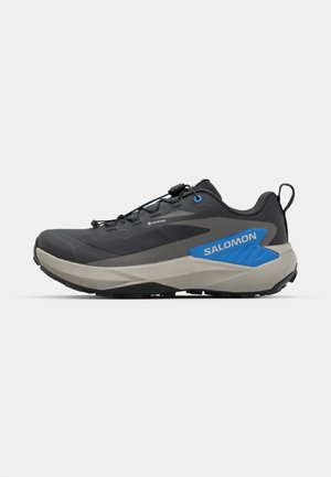 Black and gray outdoor shoe with a textured upper, blue accents, and a reinforced toe. Features a GORE-TEX label and elastic lace system.