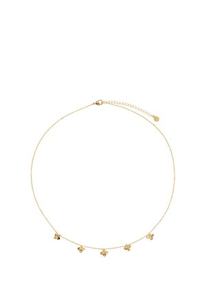 Delikatny złoty naszyjnik z łańcuszkiem z pięcioma małymi zawieszkami w kształcie motyli równomiernie rozmieszczonymi na dolnej połowie i regulowanym zapięciem.