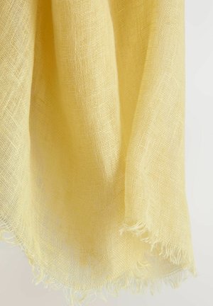 Yellow linen fabric with a textured weave, featuring frayed edges. Light and airy appearance, suitable for draping or lightweight garments.