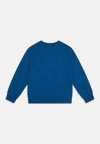 Modra sweatshirt s dolgimi rokavi, okroglo izrezano vrhnjo sekcijo in ribastimi manšetami. Gladek bombažni material, enotne barve, brez vidnih vzorcev ali okrasnih elementov.