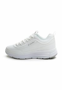 Adidași albi cu un superior sintetic neted, design cu șireturi, guler căptușit și tălpi texturate pentru aderență.