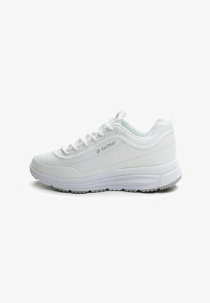 White athletic shoe with a smooth synthetic upper, lace-up design, padded collar, and textured soles for traction.