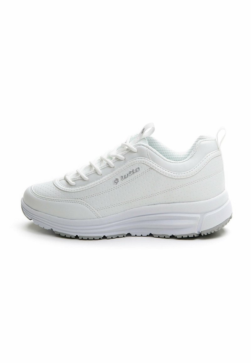 Adidași albi cu un superior sintetic neted, design cu șireturi, guler căptușit și tălpi texturate pentru aderență.