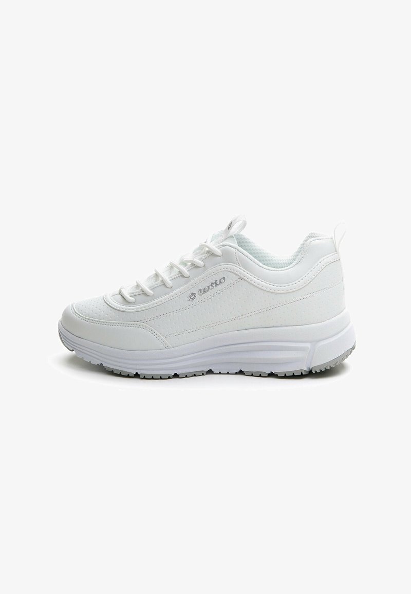 White athletic shoe with a smooth synthetic upper, lace-up design, padded collar, and textured soles for traction.