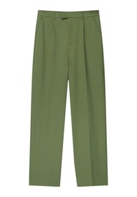 Olive green tailored trousers with a straight fit, pleated front, belt loops, and side pockets, made from smooth fabric.