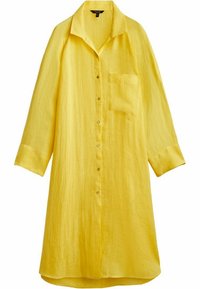 Robe chemise jaune en lin avec col, manches longues, poche poitrine et boutons sur le devant. Présente une coupe décontractée et un tissu texturé.