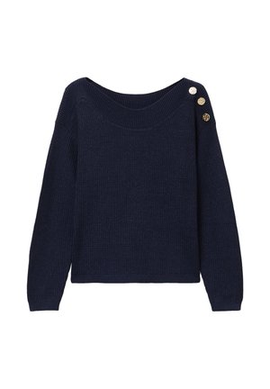 Maglione a maglia blu navy con scollo ampio, maniche lunghe e bottoni decorativi dorati sulla spalla sinistra. Tessuto strutturato con una vestibilità rilassata.