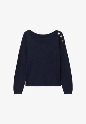 Granatowy sweter dziany z szerokim dekoltem, długimi rękawami i ozdobnymi złotymi guzikami na lewym ramieniu. Teksturowana tkanina o luźnym kroju.