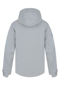 Světle šedá voděodolná bunda s kapucí, dlouhými rukávy a elastickými manžetami. Jednoduchý design, hladká textura, žádné viditelné vzory.