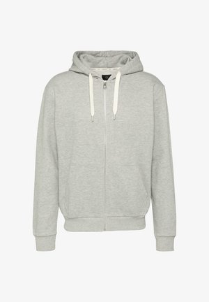 Grey zip-up hoodie made of soft fabric, featuring a drawstring hood, two front pockets, and ribbed cuffs and hem.