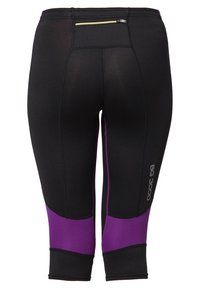 Leggings capri neri con accenti in rete viola, una piccola tasca con zip sul retro e "BG 3000" stampato in bianco sul lato.