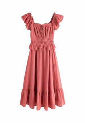 Roze midi-jurk met gerimpelde mouwen, vierkante halslijn, gerimpelde taille, peplumdetail en uitlopende zoom.