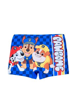 Blue swim shorts featuring cartoon dog characters on a checked pattern. Notable text reads “PAWSOME” in bold white letters.
