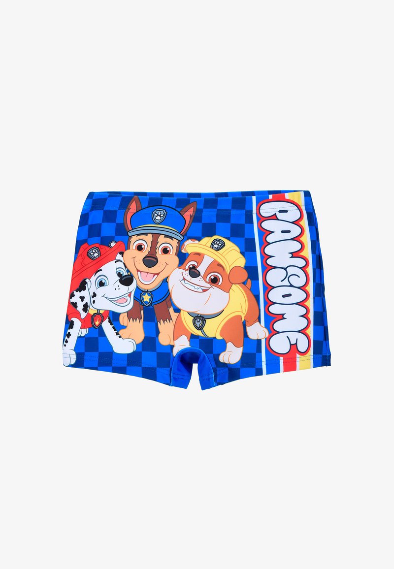 Pantaloni da bagno blu con personaggi di cani dei cartoni animati su uno sfondo a scacchi. Il testo in evidenza recita "PAWSOME" in grassetto bianco.