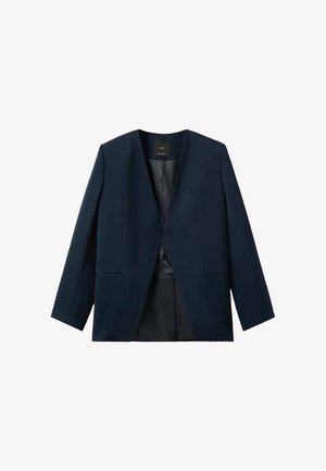 Granatowy marynarka o lekko dopasowanym kroju, z otwartym przodem i dwoma przednimi kieszeniami. Wykonana z gładkiego materiału z satynową podszewką.