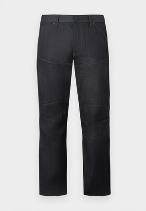 Pantalons en denim noir avec une coupe droite, deux poches avant, des accents aux genoux et une fermeture par bouton. Le tissu semble résistant avec une texture subtile.
