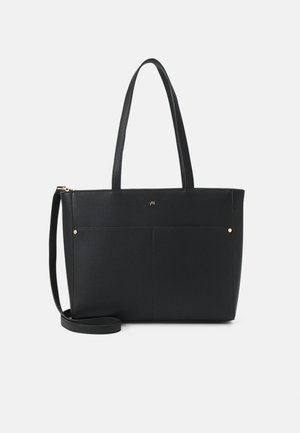 Sort tote-bag med et struktureret design, lavet af tekstureret materiale. Har lange håndtag, guldfarvede detaljer og en lomme på forsiden. Aftagelig rem inkluderet.