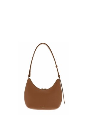 Sac à bandoulière en cuir marron Furla avec sommet incurvé, fermeture éclair dorée et bandoulière réglable.