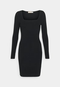 Abito nero a maniche lunghe con scollatura quadrata, silhouette aderente e texture solida. Tessuto liscio con dettagli minimi.