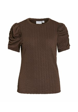 Hnedý textúrovaný krátky rukáv s nadýchanými rukávmi a okrúhlym výstrihom, značka VILA, zobrazený na bielom pozadí.