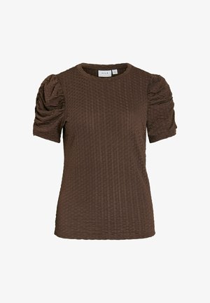 Hnedý textúrovaný krátky rukáv s nadýchanými rukávmi a okrúhlym výstrihom, značka VILA, zobrazený na bielom pozadí.