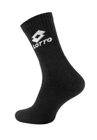 Schwarze Sportsocke mit geripptem Bündchen und dem weißen "Lotto"-Logo. Hergestellt aus einem weichen, strukturierten Material. Standardlänge und runde Zehenform.