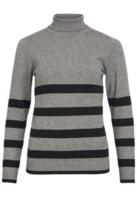 Pull à col roulé gris avec des rayures horizontales noires. Tissu tricoté, manches longues, coupe ajustée, ourlet et poignets côtelés.