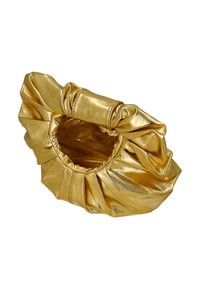 Geantă de mână metalizată aurie, cu design adunat, deschidere circulară și textură netedă. Prezintă accente pliate pentru un plus de detaliu.