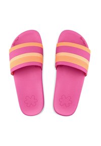 Pink slide sandals with a textured footbed and wide straps featuring alternating pink and orange stripes. Floral embossed design on soles.