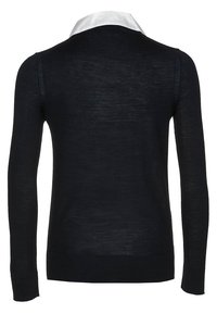 Suéter de manga larga azul marino con un cuello blanco. Presenta una textura de punto suave, un corte ajustado y un diseño simple con puños y dobladillo acanalados.