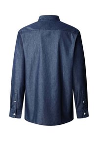 Dunkelblauses Jeanshemd mit langen Ärmeln. Verfügt über einen Kentkragen, Knopfmanschetten und eine lockere Passform. Glatte Textur mit dezentem Glanz.