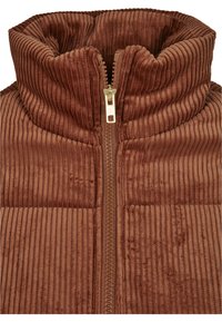 Bruine corduroy jas met een hoge kraag, voorzien van een rits aan de voorkant en een verticale ribbelstructuur over de stof. Goudkleurige ritsaccessoires.
