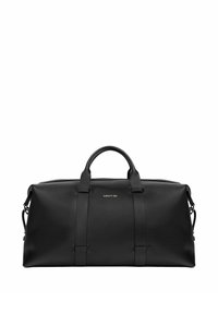 Bolsa de viaje de cuero negro con dos asas, enganches para correa de hombro y logotipo "Cerruti 1881" centrado en el frente.